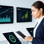A confident professional female lawyer in a modest, tailored business suit and sensible blouse, standing in a modern, brightly lit LegalTech office. In the background, a large, interactive digital screen displays abstract legal data visualizations and AI interface elements. A clean, minimalist desk with a laptop and tablet is subtly visible. She looks towards the screen with a thoughtful, analytical expression, one hand lightly resting on a tablet. Professional photography, high resolution, soft studio lighting, perfect anatomy, correct proportions, natural pose, well-formed hands, proper finger count, natural body proportions, fully clothed, appropriate attire, modest clothing, safe for work, appropriate content, professional, family-friendly.