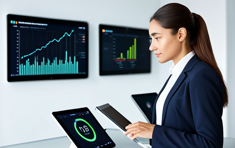 A confident professional female lawyer in a modest, tailored business suit and sensible blouse, standing in a modern, brightly lit LegalTech office. In the background, a large, interactive digital screen displays abstract legal data visualizations and AI interface elements. A clean, minimalist desk with a laptop and tablet is subtly visible. She looks towards the screen with a thoughtful, analytical expression, one hand lightly resting on a tablet. Professional photography, high resolution, soft studio lighting, perfect anatomy, correct proportions, natural pose, well-formed hands, proper finger count, natural body proportions, fully clothed, appropriate attire, modest clothing, safe for work, appropriate content, professional, family-friendly.