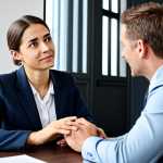 A professional male lawyer in a modest business suit, sitting across from a female client in a modern, calm law office. The lawyer is actively listening with an empathetic expression, while the client looks understood and relieved. The scene emphasizes trust and human connection. Both are fully clothed in appropriate attire. perfect anatomy, correct proportions, natural pose, well-formed hands, proper finger count, natural body proportions, safe for work, appropriate content, family-friendly, professional photography, high quality.