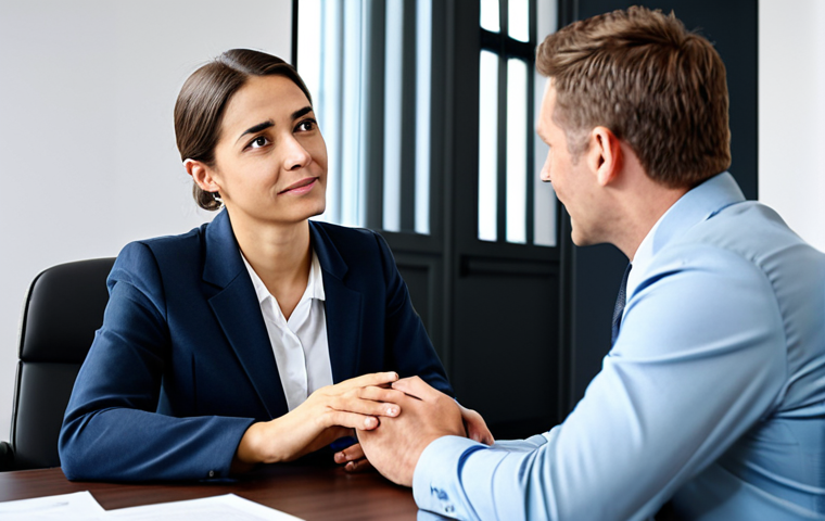 A professional male lawyer in a modest business suit, sitting across from a female client in a modern, calm law office. The lawyer is actively listening with an empathetic expression, while the client looks understood and relieved. The scene emphasizes trust and human connection. Both are fully clothed in appropriate attire. perfect anatomy, correct proportions, natural pose, well-formed hands, proper finger count, natural body proportions, safe for work, appropriate content, family-friendly, professional photography, high quality.