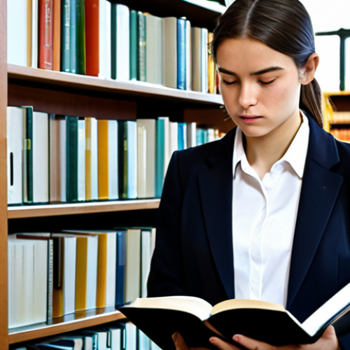 A young professional woman in a modest business blazer and smart trousers, fully clothed, deeply focused while reading a large legal textbook in a quiet, sunlit university law library. Her hands rest naturally on the open book, well-formed, with proper finger count. Shelves filled with numerous law volumes line the background. The atmosphere is studious and contemplative, highlighting dedication to learning. Perfect anatomy, correct proportions, natural pose. Professional photography, high detail. Safe for work, appropriate content, family-friendly.