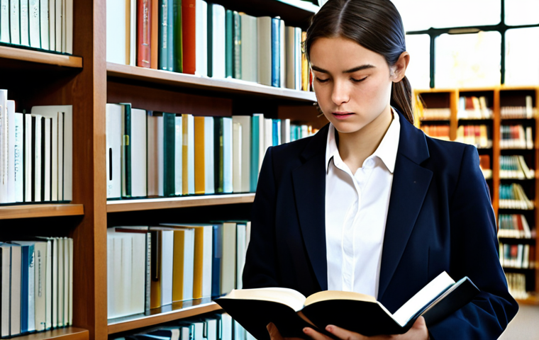 A young professional woman in a modest business blazer and smart trousers, fully clothed, deeply focused while reading a large legal textbook in a quiet, sunlit university law library. Her hands rest naturally on the open book, well-formed, with proper finger count. Shelves filled with numerous law volumes line the background. The atmosphere is studious and contemplative, highlighting dedication to learning. Perfect anatomy, correct proportions, natural pose. Professional photography, high detail. Safe for work, appropriate content, family-friendly.