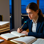 "A determined young woman, fully clothed in professional attire, studying legal textbooks late at night in a modest apartment, surrounded by books and notes, safe for work, appropriate content, perfect anatomy, correct proportions, realistic lighting, serious expression, emphasizing the dedication and financial strain of legal studies."