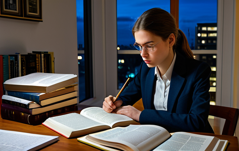 "A determined young woman, fully clothed in professional attire, studying legal textbooks late at night in a modest apartment, surrounded by books and notes, safe for work, appropriate content, perfect anatomy, correct proportions, realistic lighting, serious expression, emphasizing the dedication and financial strain of legal studies."