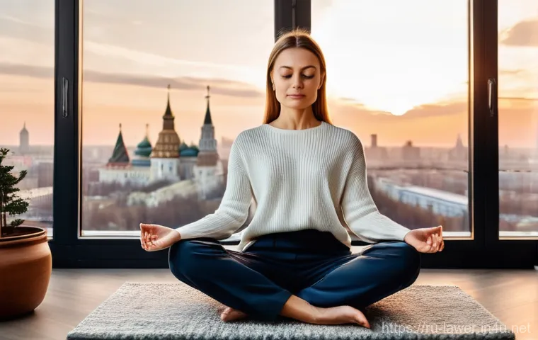 변호사 업무 스트레스 관리 - **Prompt:** "A successful Russian female lawyer, in her late 30s, is practicing mindfulness meditati...