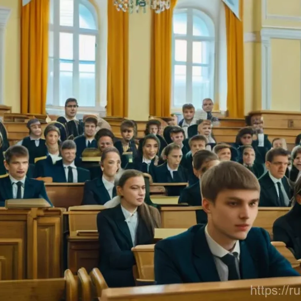 변호사 자격 취득 과정에서의 장애물 - A vibrant scene in a classic Russian university lecture hall, filled with diverse law students aged ...