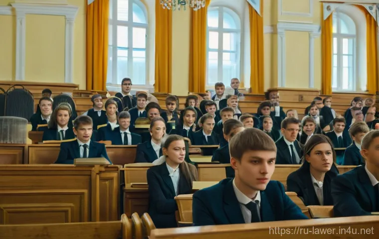 변호사 자격 취득 과정에서의 장애물 - A vibrant scene in a classic Russian university lecture hall, filled with diverse law students aged ...