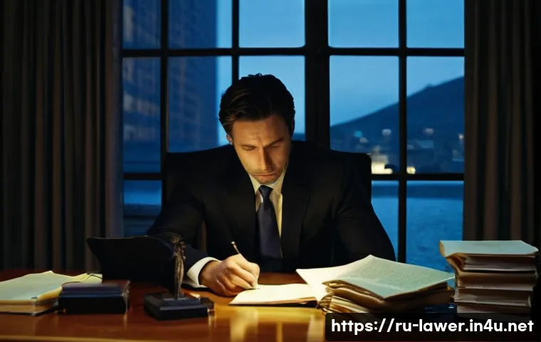 변호사로 일하며 주의해야 할 점 - **Prompt: The Exhausted Lawyer's Solace**
A highly detailed, cinematic shot of a male lawyer in ...