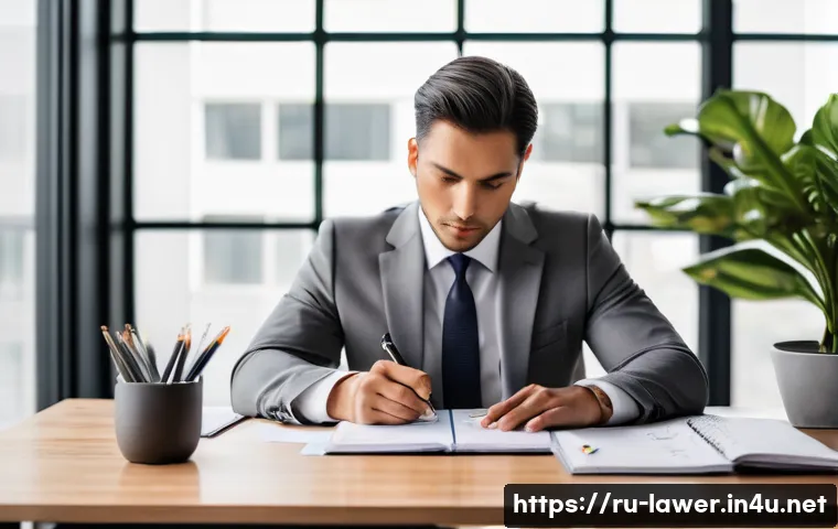 변호사 실무에서 시간 관리 방법 - **Prompt:** A focused male lawyer, dressed in a sharp grey suit with a neat tie, sitting at a modern...