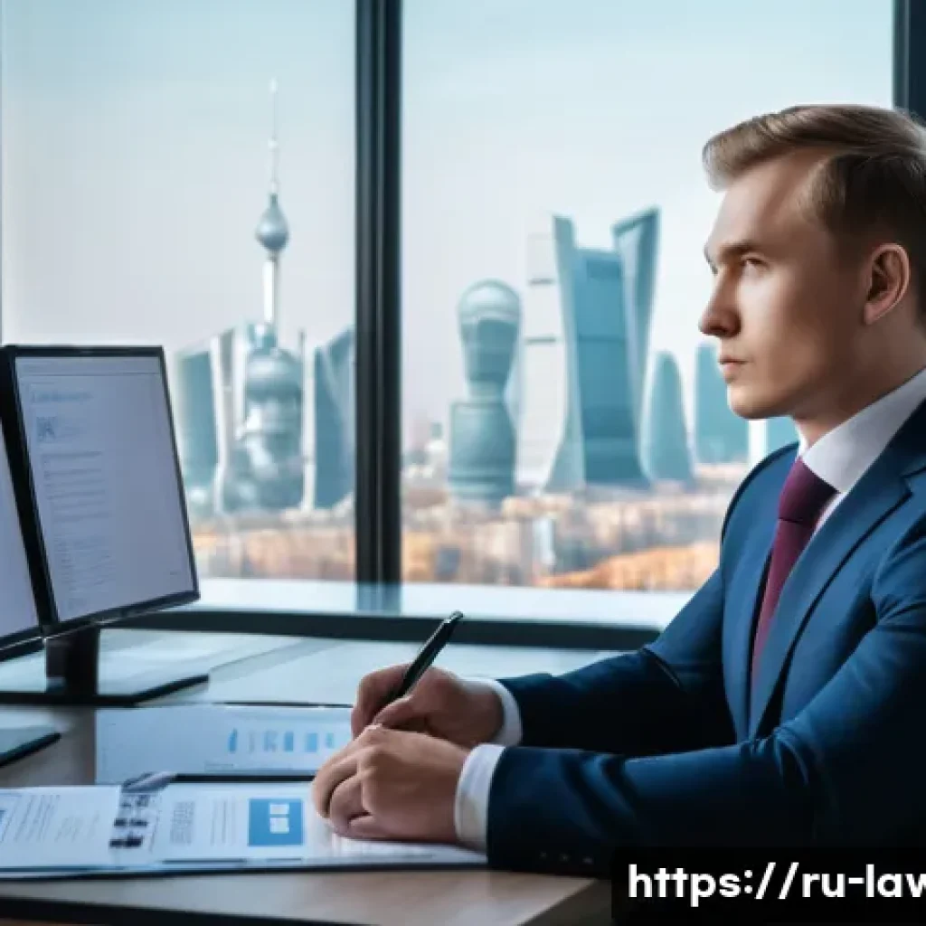변호사 이직 성공 비결 - A modern Russian corporate lawyer working in a sleek Moscow office, dressed in professional business...
