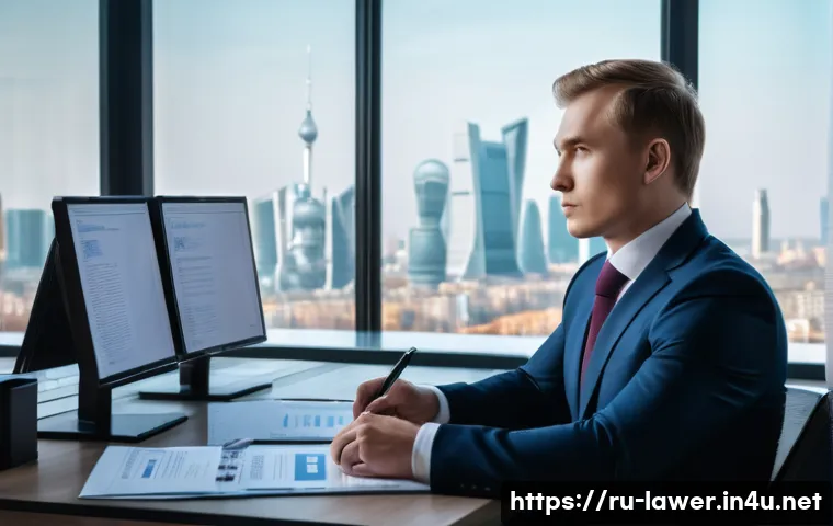 변호사 이직 성공 비결 - A modern Russian corporate lawyer working in a sleek Moscow office, dressed in professional business...