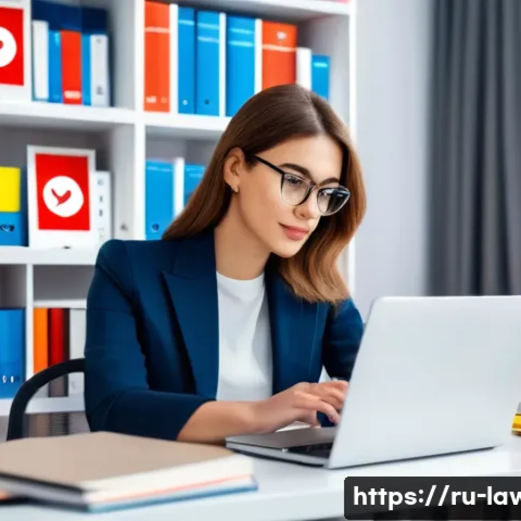 법률 변호사 블로그 운영 팁 - A modern legal blog workspace scene featuring a professional Russian lawyer in smart casual attire, ...