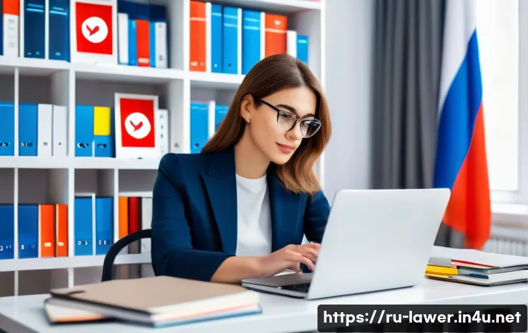 법률 변호사 블로그 운영 팁 - A modern legal blog workspace scene featuring a professional Russian lawyer in smart casual attire, ...