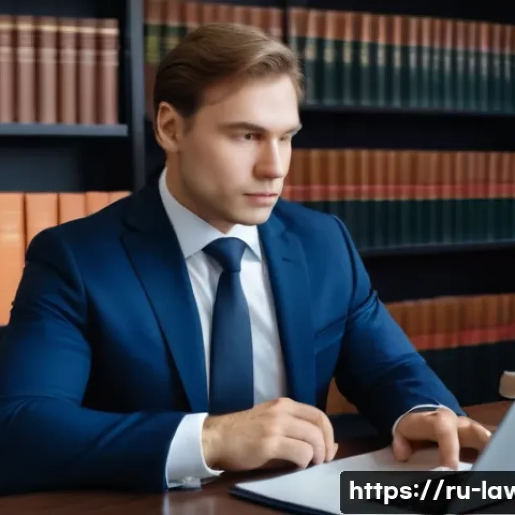 변호사 업무에 필요한 자격증 추가 취득 - A professional Russian lawyer in a modern office setting, wearing a sharp dark blue business suit wi...