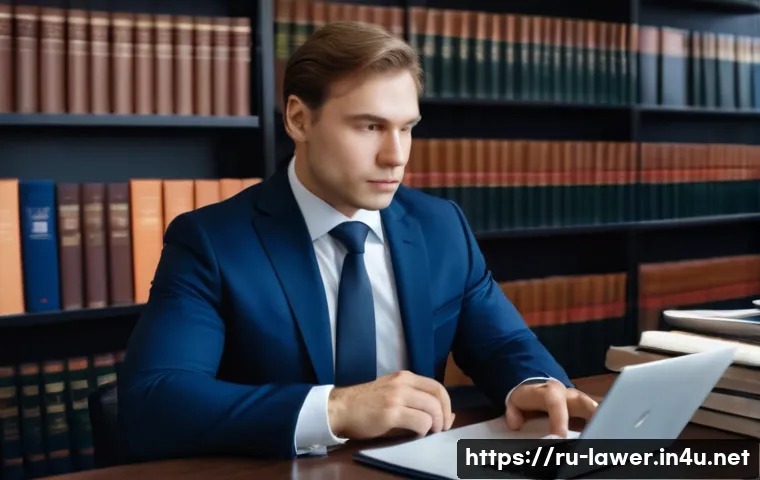 변호사 업무에 필요한 자격증 추가 취득 - A professional Russian lawyer in a modern office setting, wearing a sharp dark blue business suit wi...