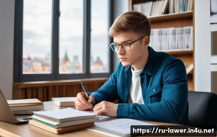 변호사 시험에서 자주 묻는 질문 - A focused young Russian law student sitting at a tidy wooden desk in a modern study room, surrounded...