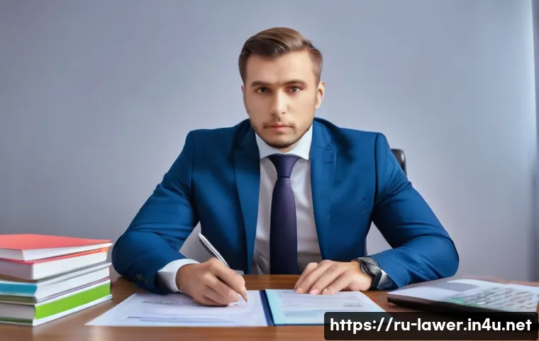 법률 변호사로서 자격증 갱신 방법 - A professional Russian lawyer in a modern office environment, dressed in formal business attire with...