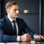 Home 22 법률 변호사의 개인 브랜딩 전략 - A professional Russian lawyer in a modern office setting, dressed in a sharp, tailored dark suit and...