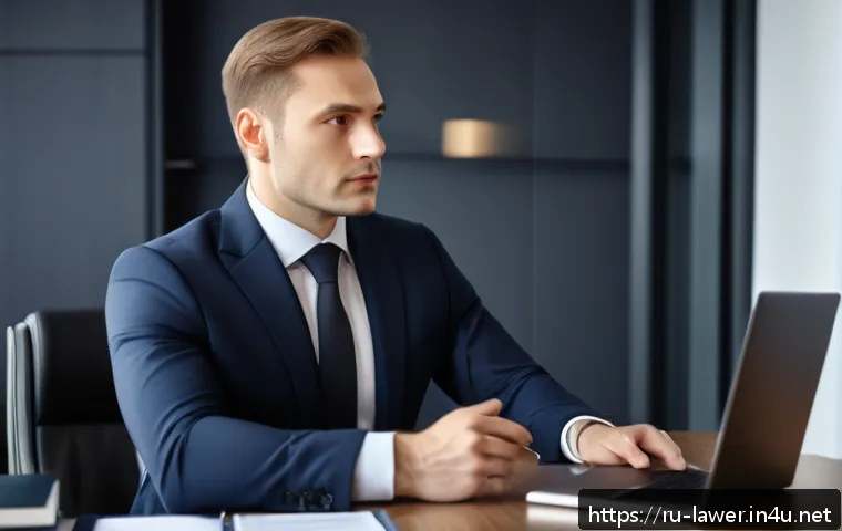 법률 변호사의 개인 브랜딩 전략 - A professional Russian lawyer in a modern office setting, dressed in a sharp, tailored dark suit and...