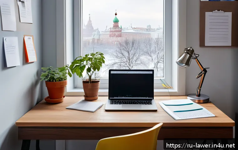 변호사 시험 공부법 - A well-organized study desk in a cozy home office setting tailored for a Russian law student prepari...