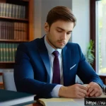 Home 18 변호사 자격 취득 후 중소 로펌 입사 사례 - A young professional lawyer in a cozy small legal office, attentively studying a stack of case files...