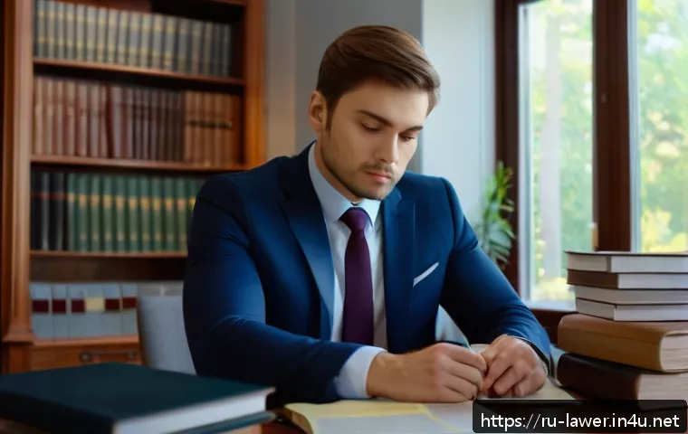 변호사 자격 취득 후 중소 로펌 입사 사례 - A young professional lawyer in a cozy small legal office, attentively studying a stack of case files...