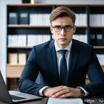 Home 23 변호사 연봉 상승을 위한 자격증 - A modern Russian lawyer in a professional office setting, wearing a tailored dark suit and glasses, ...