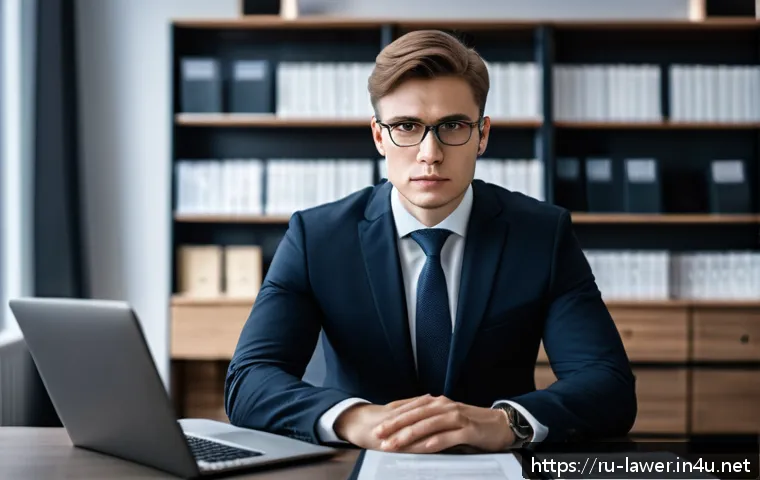 변호사 연봉 상승을 위한 자격증 - A modern Russian lawyer in a professional office setting, wearing a tailored dark suit and glasses, ...