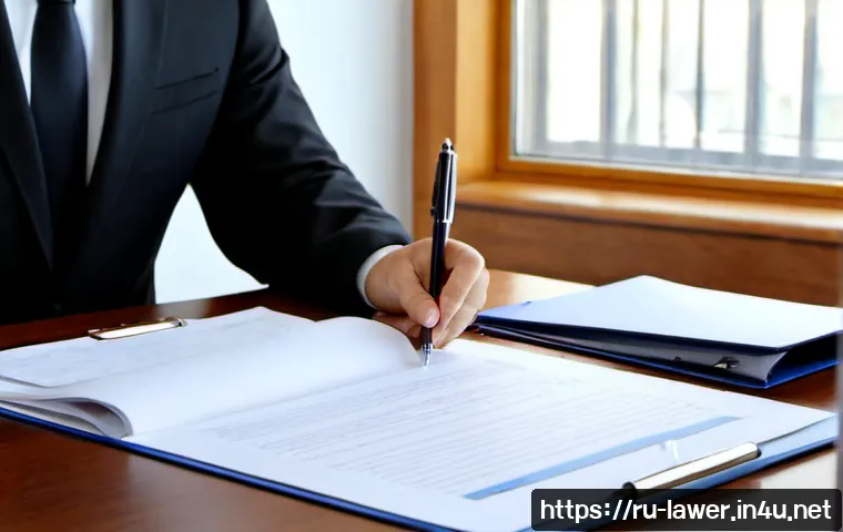Home 17 변호사 실무에서의 법률 서류 작성 요령 - Photorealistic Russian legal professional drafting a formal document at a clean wooden desk, hands a...