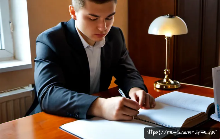 Home 17 변호사 시험에서 낙제하지 않는 법 - Photorealistic Russian law student in a quiet Moscow apartment study space, calmly reviewing organiz...