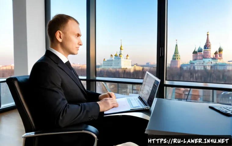 Home 17 법률 변호사의 커리어 전환 성공 사례 - Photorealistic career transition success scene in Moscow: confident former lawyer in a tailored dark...