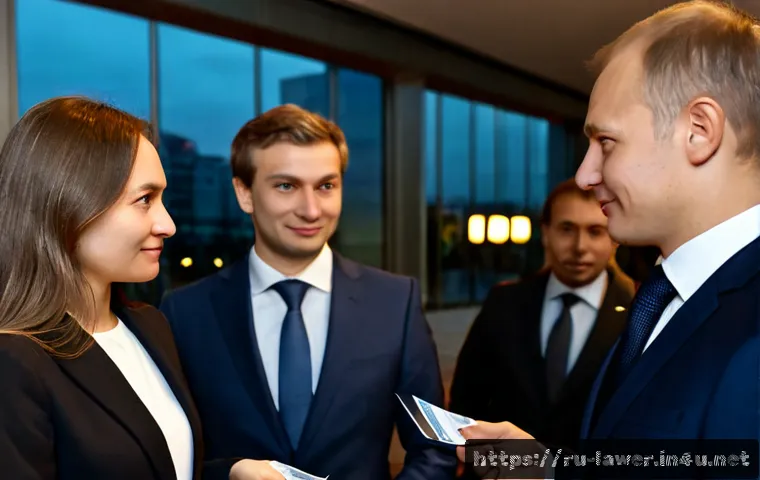 Home 17 법률 변호사로서의 네트워킹 전략 - Photorealistic professional networking reception in an elegant Moscow business center, a confident R...