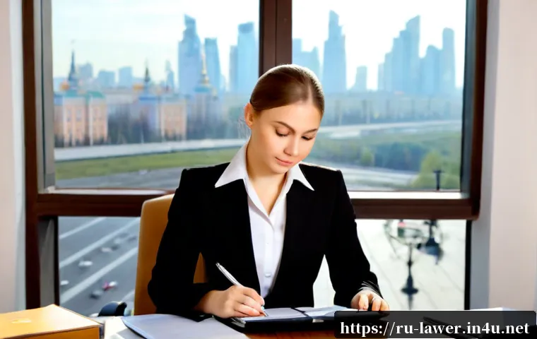 Home 17 법률 변호사 경력 개발 전략 - Photorealistic career development scene for a Russian legal professional: confident mid-career femal...